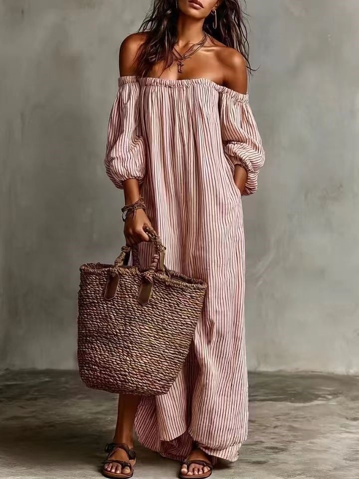 Striped Off-Shoulder Long Dress