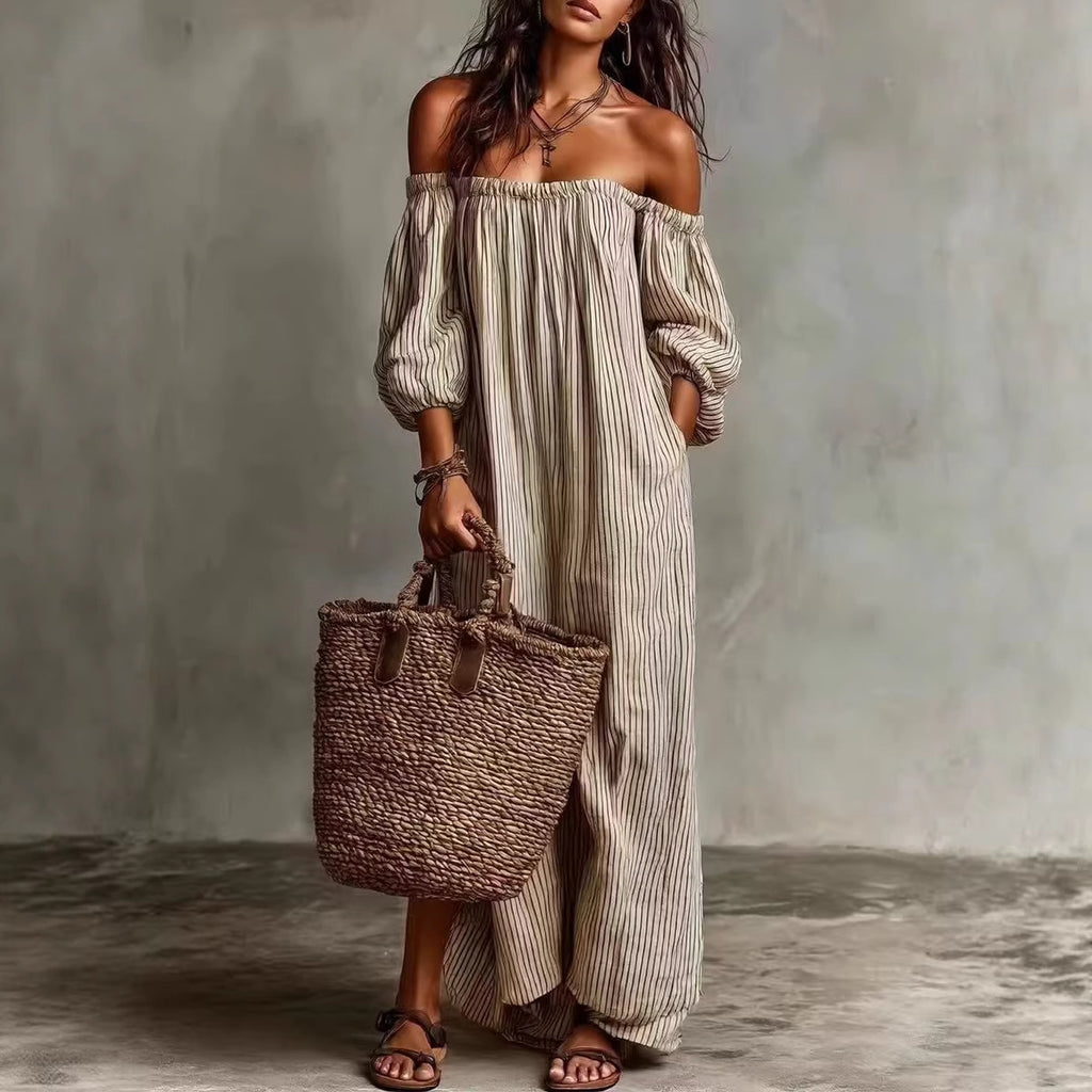 Striped Off-Shoulder Long Dress