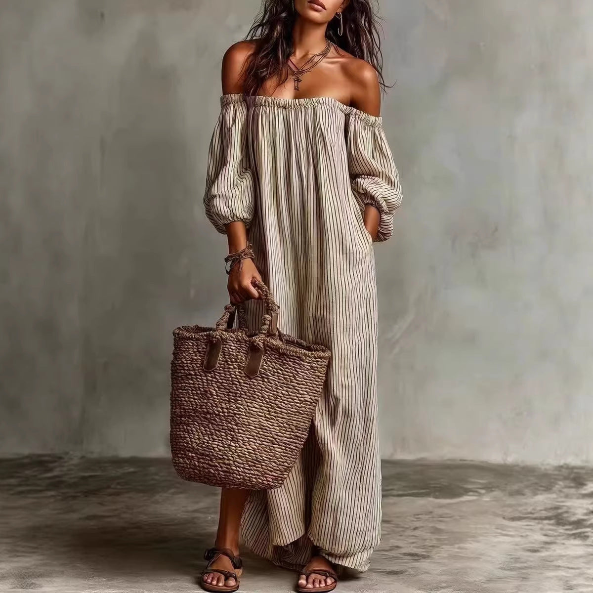 Striped Off-Shoulder Long Dress