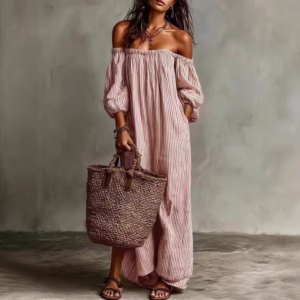 Striped Off-Shoulder Long Dress