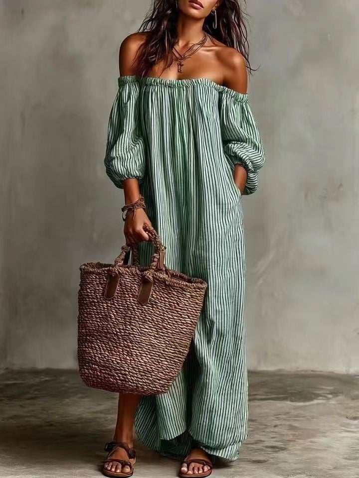 Striped Off-Shoulder Long Dress